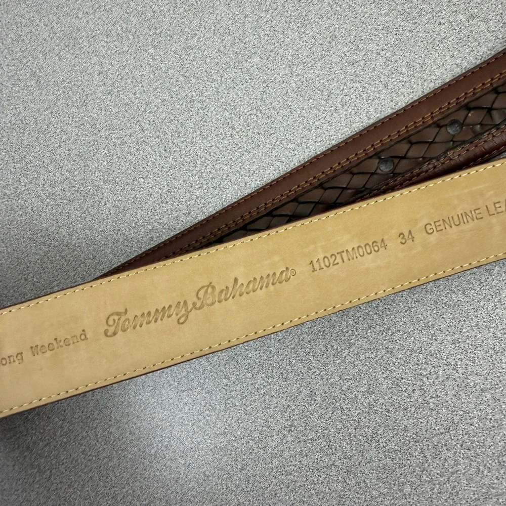 Tommy Bahama Belt Mens 34 Brown Woven Inlay Leather Casual Dress Silver Buckle